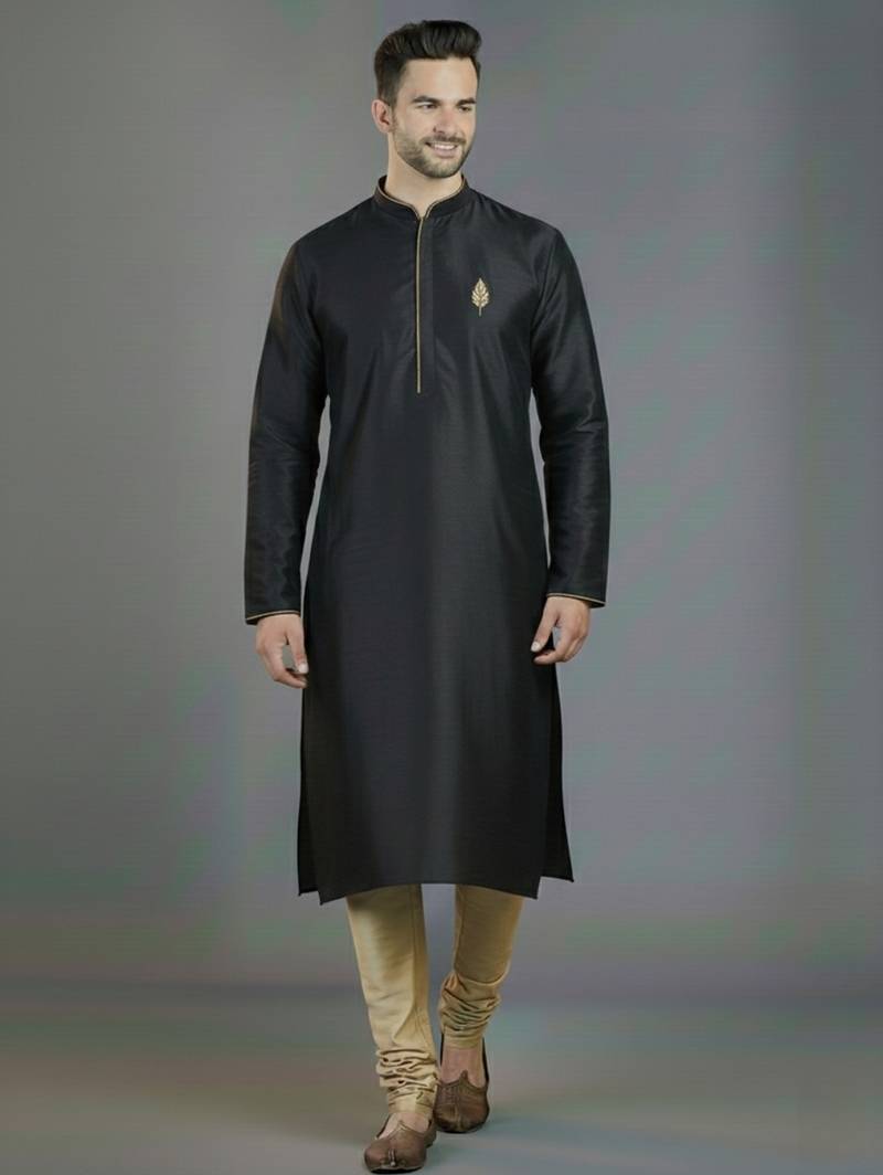 Black embroidery dupion silk kurta set
