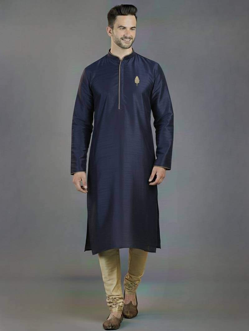 Navy embroidery dupion silk kurta set