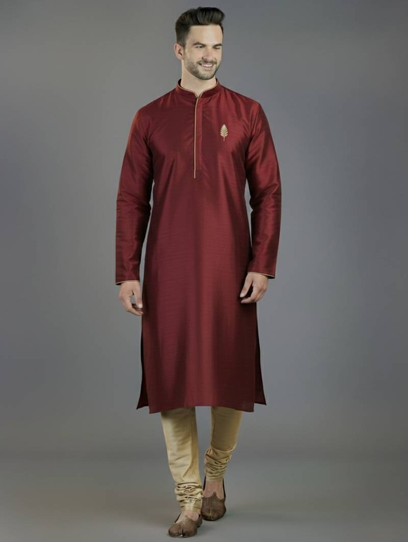 Maroon embroidery dupion silk kurta set