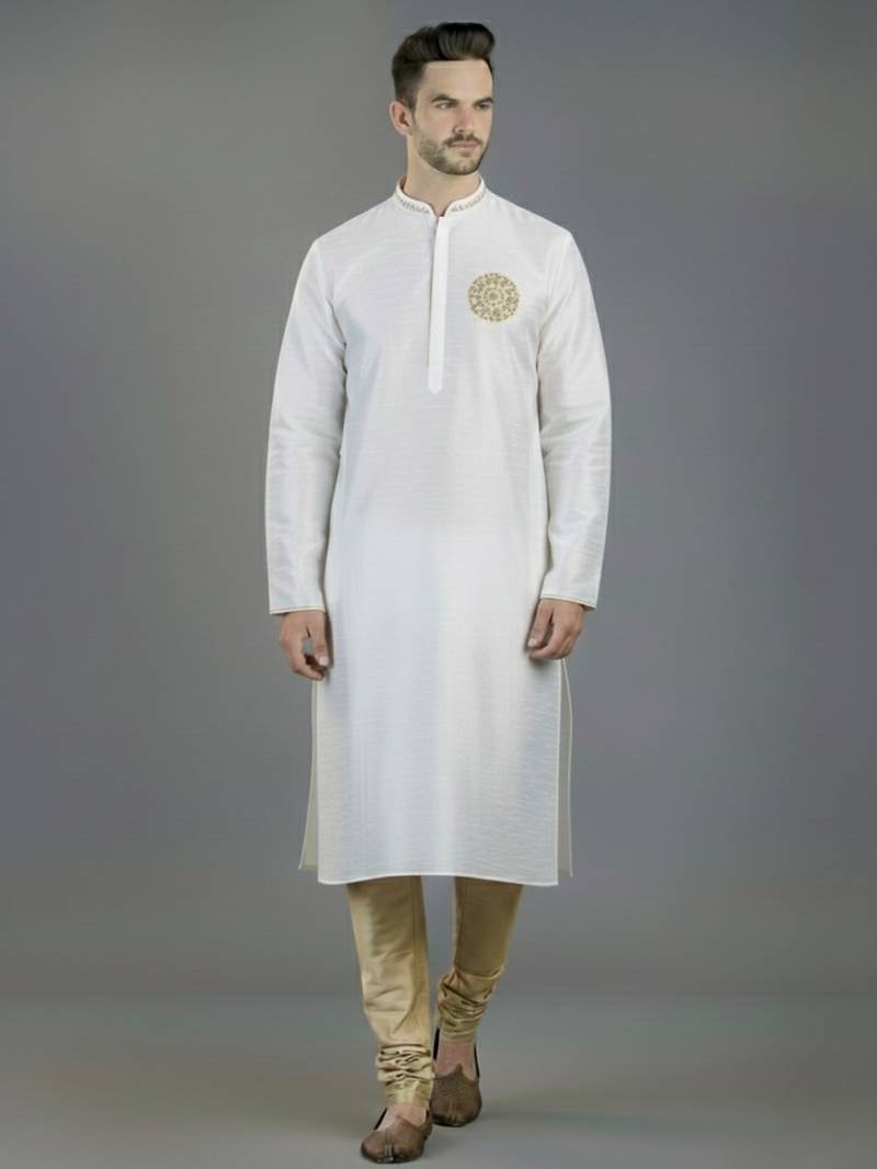 White embroidery dupion silk kurta set