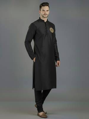 Black embroidery dupion silk kurta set 1