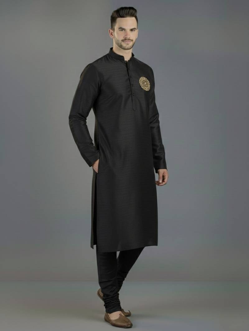 Black embroidery dupion silk kurta set