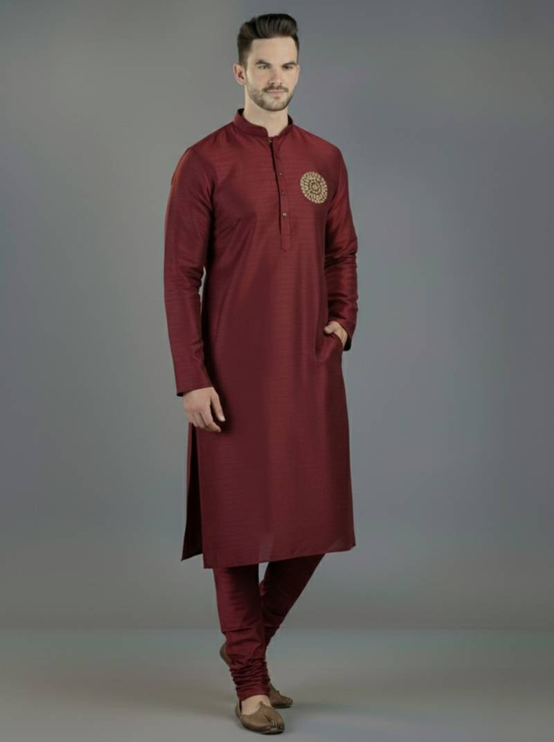 Maroon embroidery dupion silk kurta set