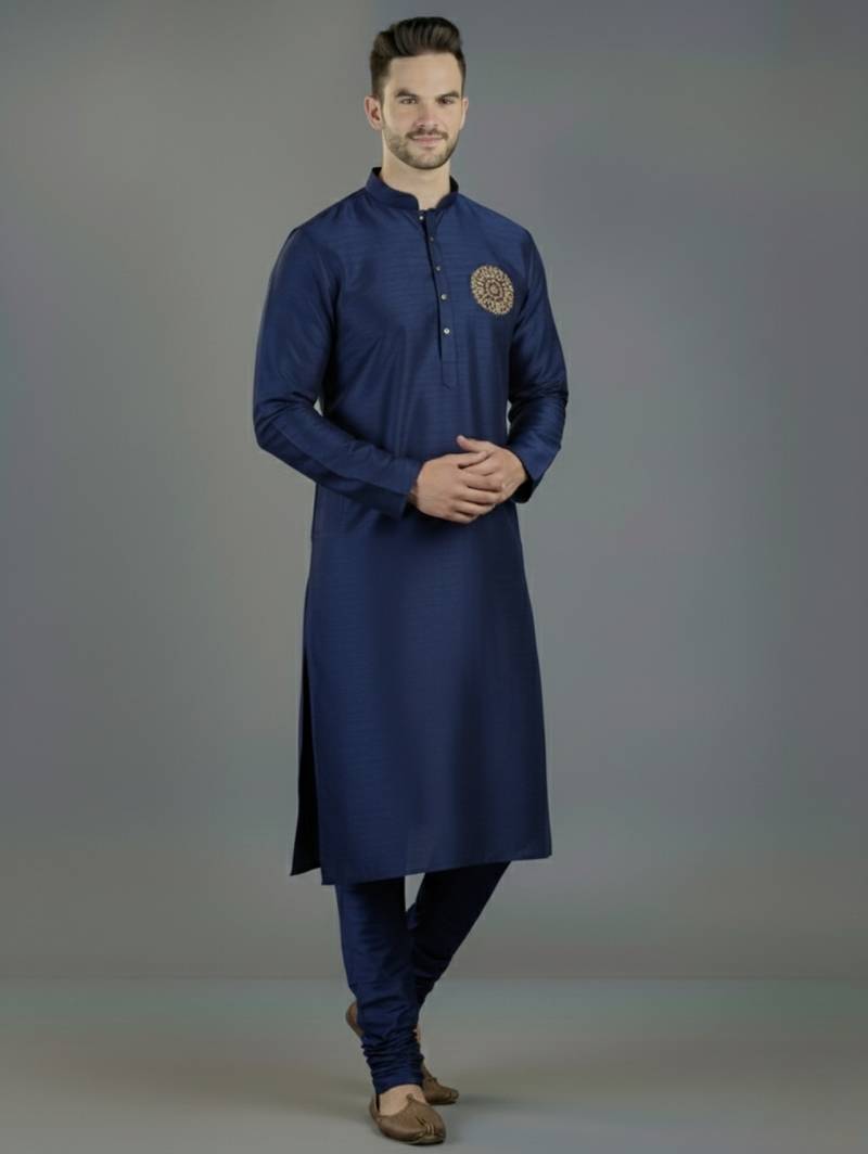 Navy embroidery dupion silk kurta set