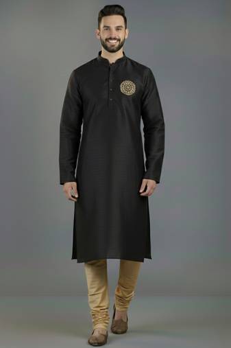 Black embroidery dupion silk kurta set