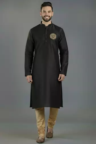 Black embroidery dupion silk kurta set