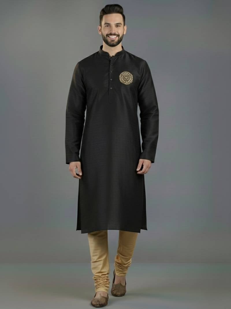 Black embroidery dupion silk kurta set