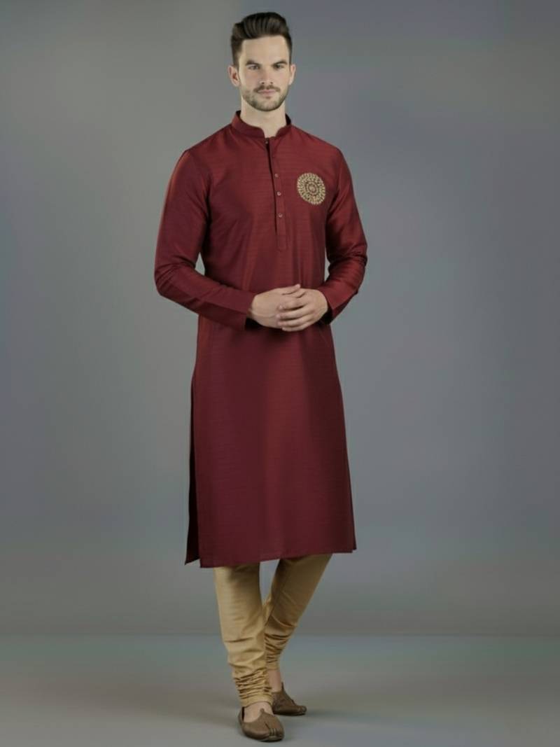 Maroon embroidery dupion silk kurta set