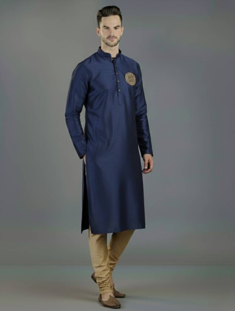 Navy embroidery dupion silk kurta set