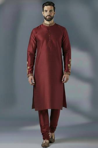 Maroon embroidery dupion silk kurta set