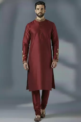 Maroon embroidery dupion silk kurta set