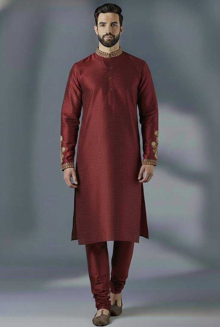 Maroon embroidery dupion silk kurta set