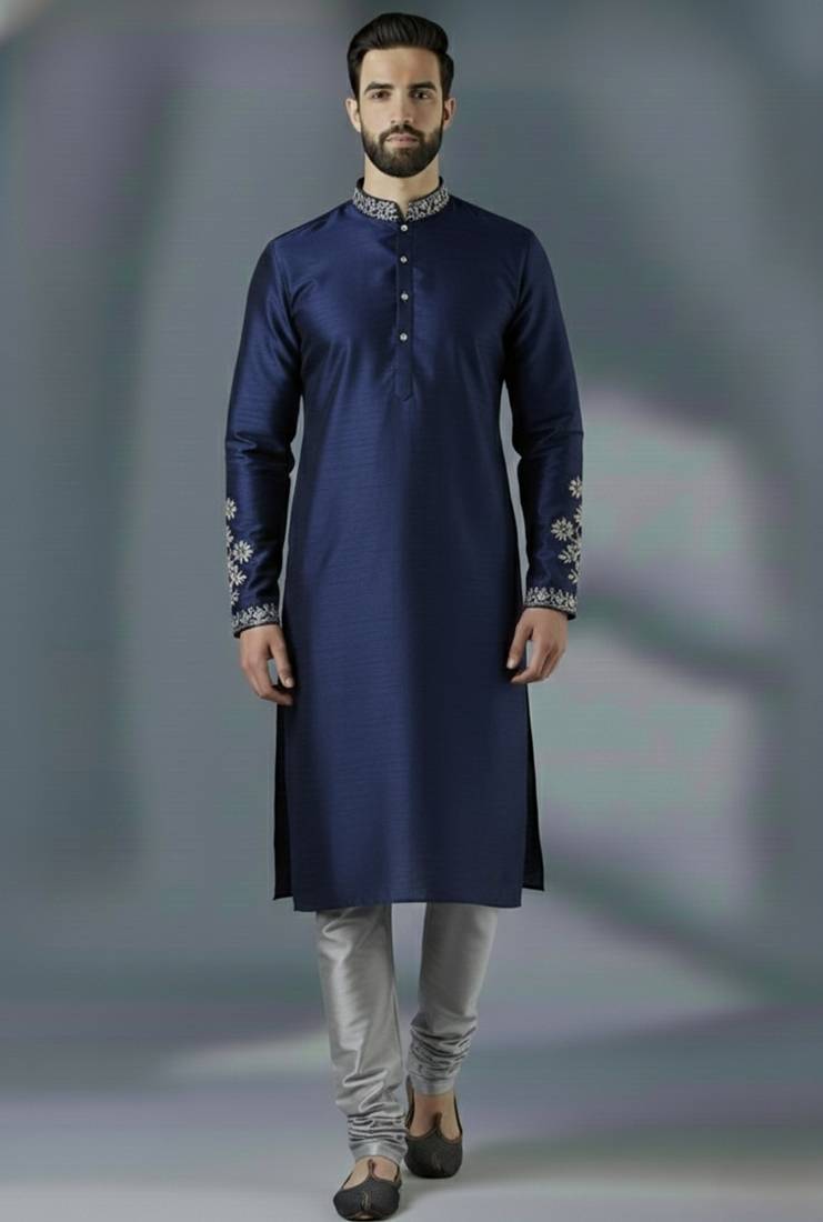 Navy embroidery dupion silk kurta set