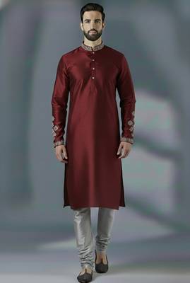 Maroon embroidery dupion silk kurta set 1