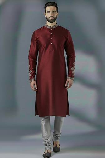 Maroon embroidery dupion silk kurta set