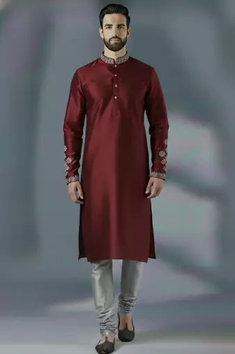 Maroon embroidery dupion silk kurta set