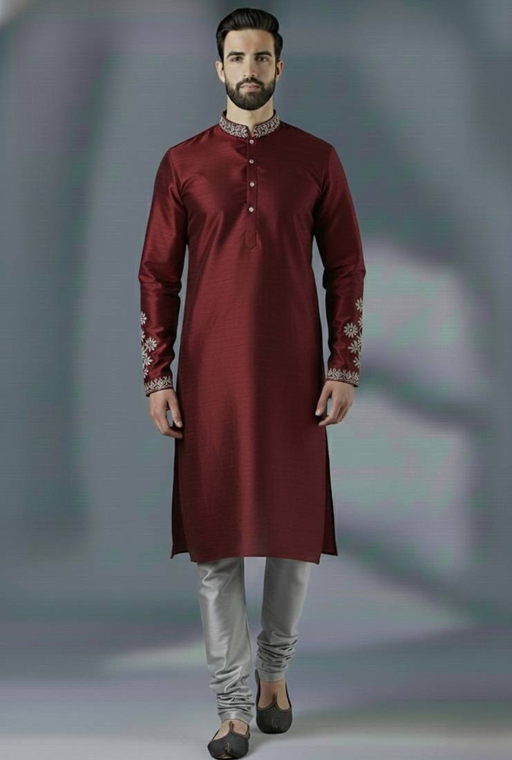 Maroon embroidery dupion silk kurta set