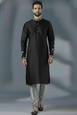 Black embroidery dupion silk kurta set 1