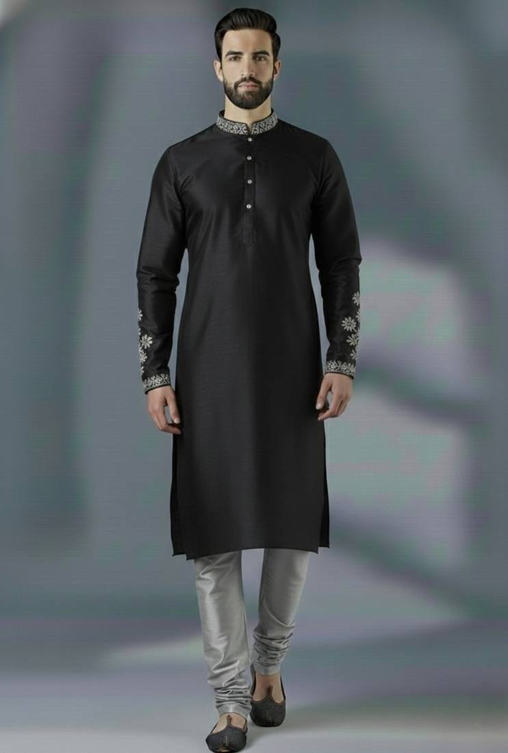 Black embroidery dupion silk kurta set