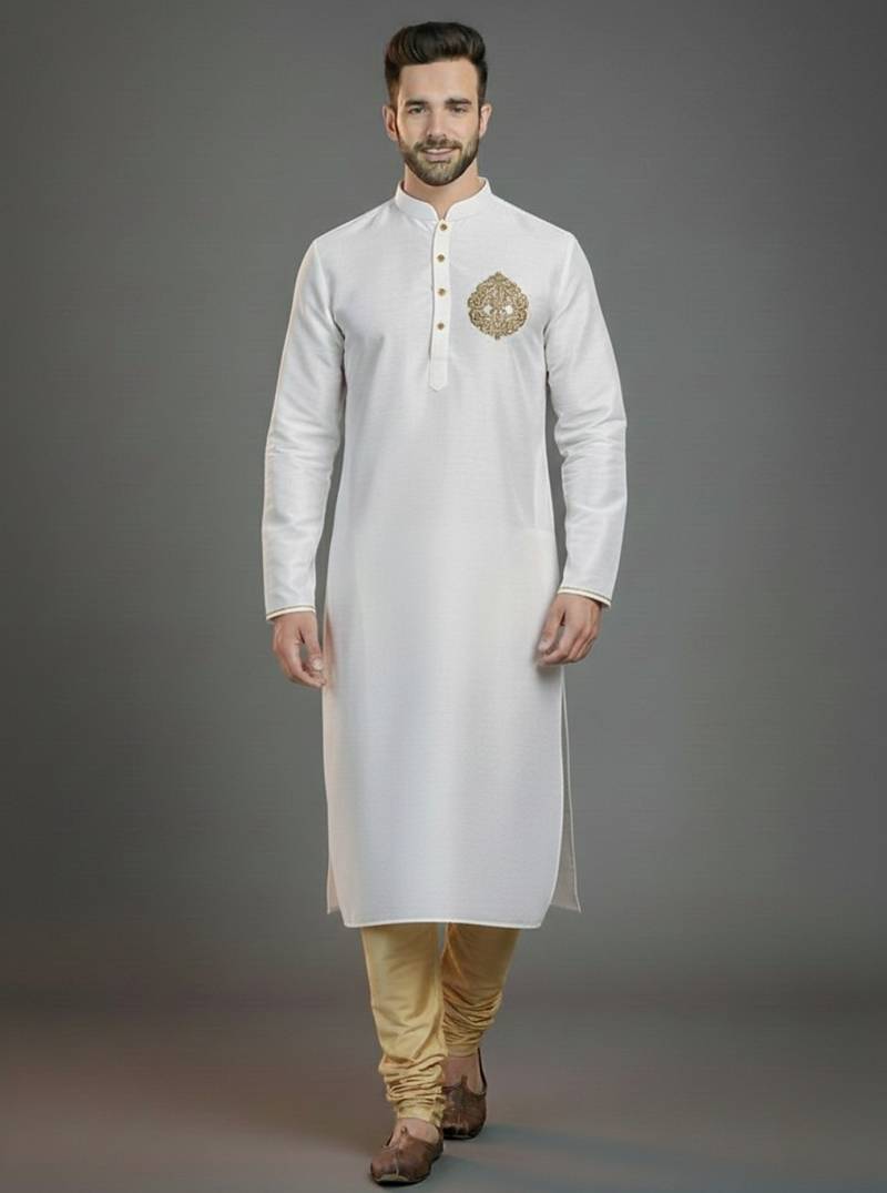 White embroidery dupion silk kurta set