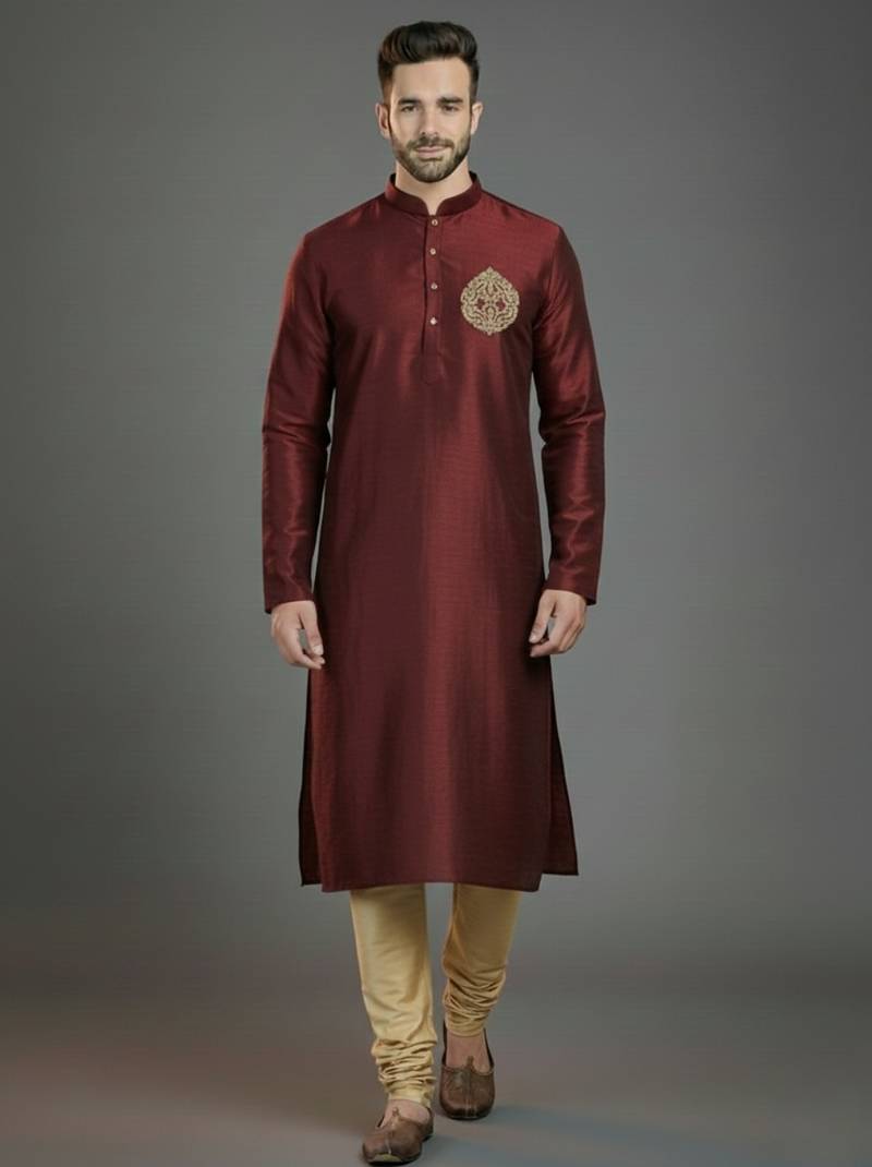 Maroom embroidery dupion silk kurta set