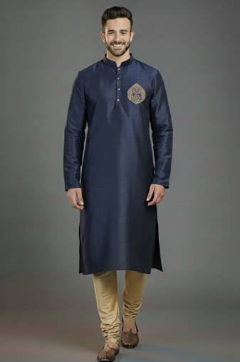 Navy embroidery dupion silk kurta set