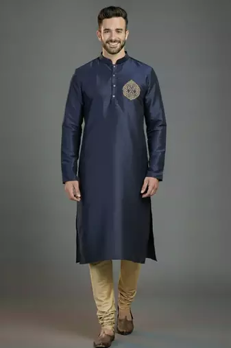 Navy embroidery dupion silk kurta set