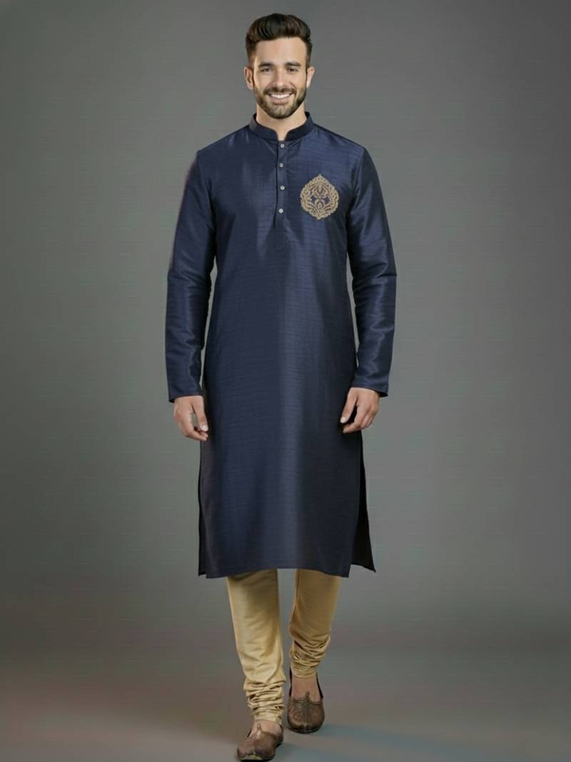 Navy embroidery dupion silk kurta set