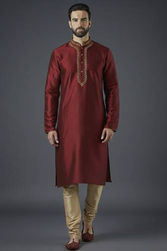 Maroon embroidery dupion silk kurta set