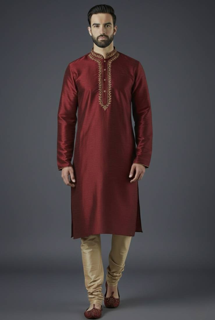 Maroon embroidery dupion silk kurta set