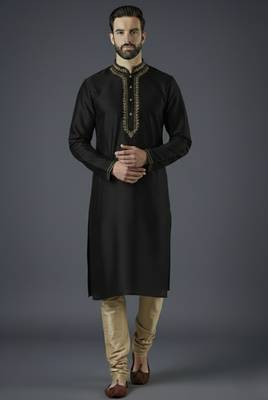 Black embroidery dupion silk kurta set 1