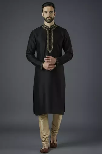 Black embroidery dupion silk kurta set