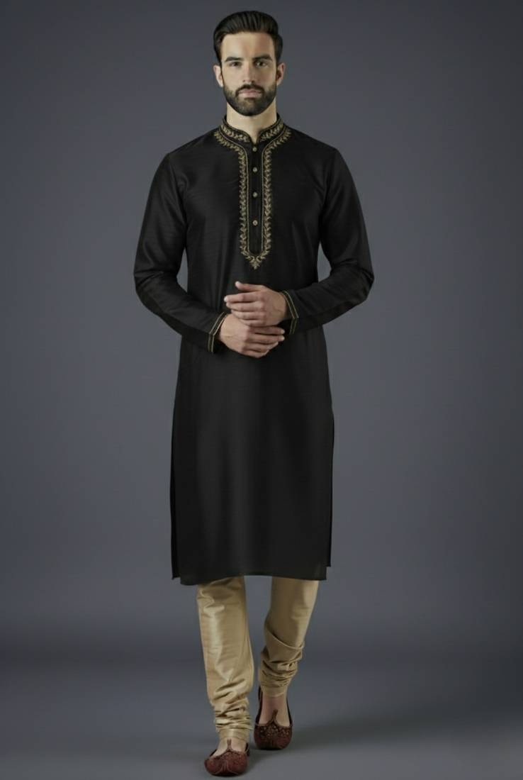 Black embroidery dupion silk kurta set