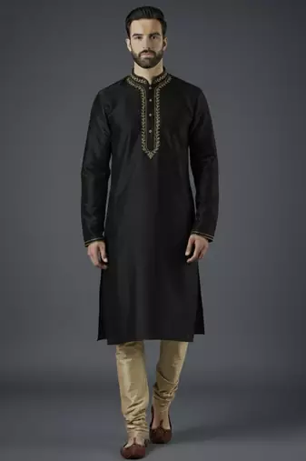 Black embroidery dupion silk kurta set