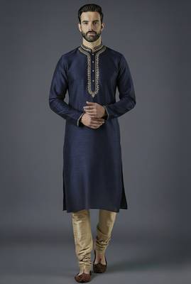 Navy embroidery dupion silk kurta set 1