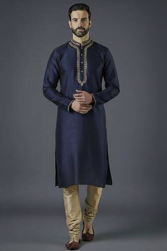 Navy embroidery dupion silk kurta set