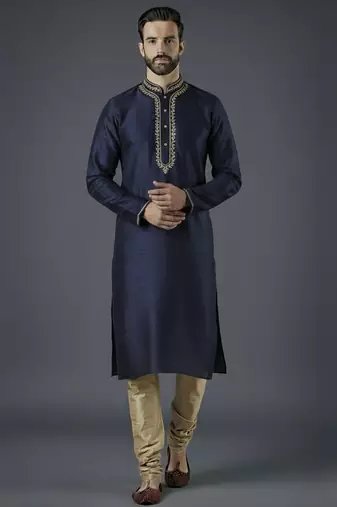Navy embroidery dupion silk kurta set
