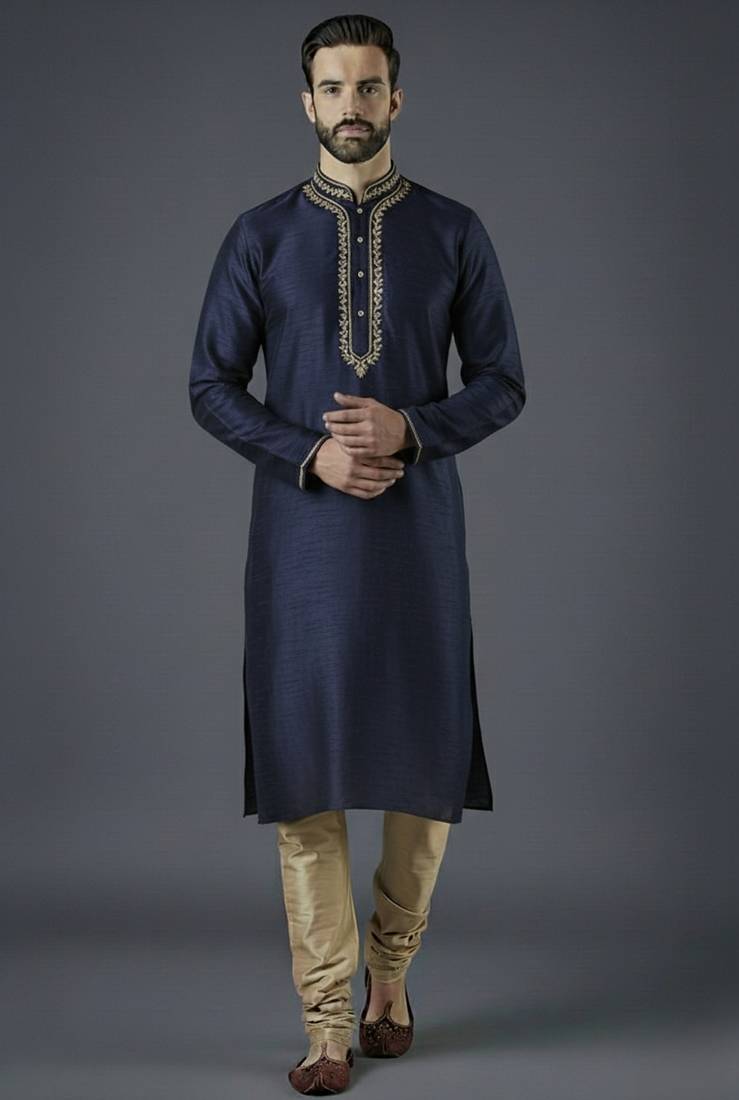 Navy embroidery dupion silk kurta set