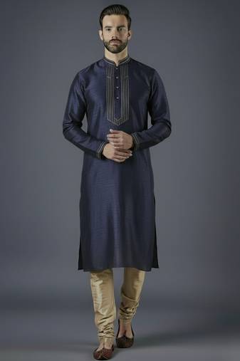 Navy embroidery dupion silk kurta set