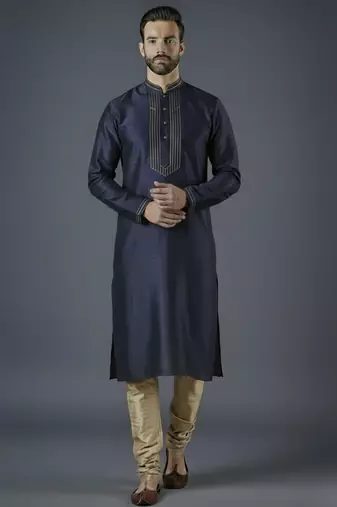 Navy embroidery dupion silk kurta set
