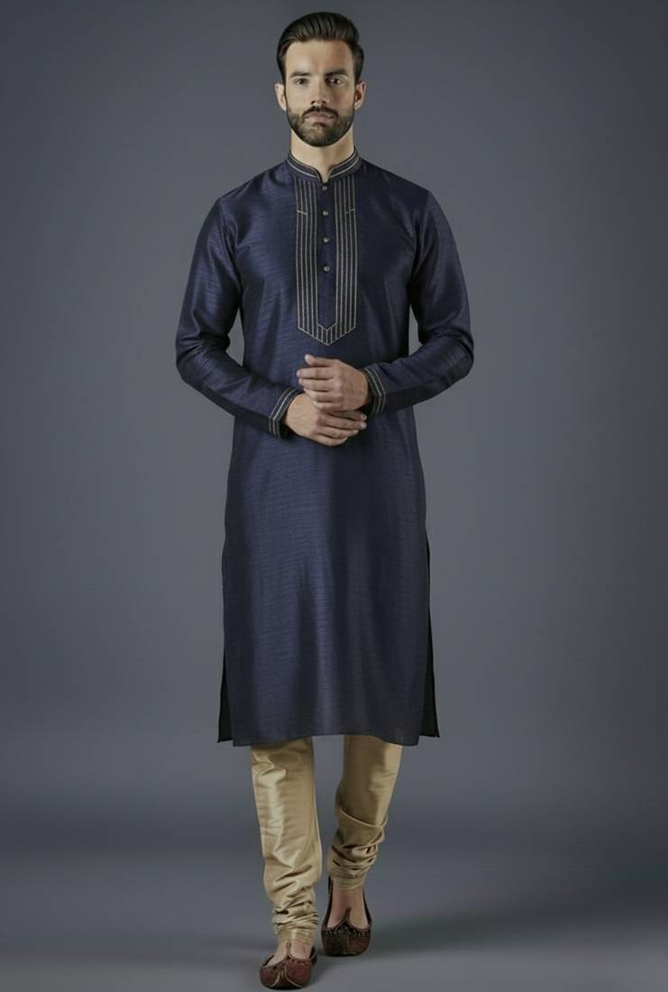 Navy embroidery dupion silk kurta set