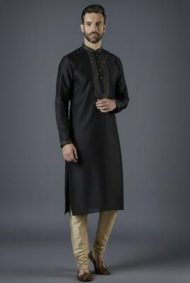 Black embroidery dupion silk kurta set 1