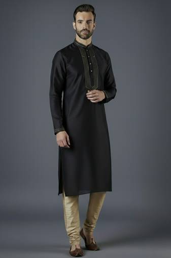 Black embroidery dupion silk kurta set