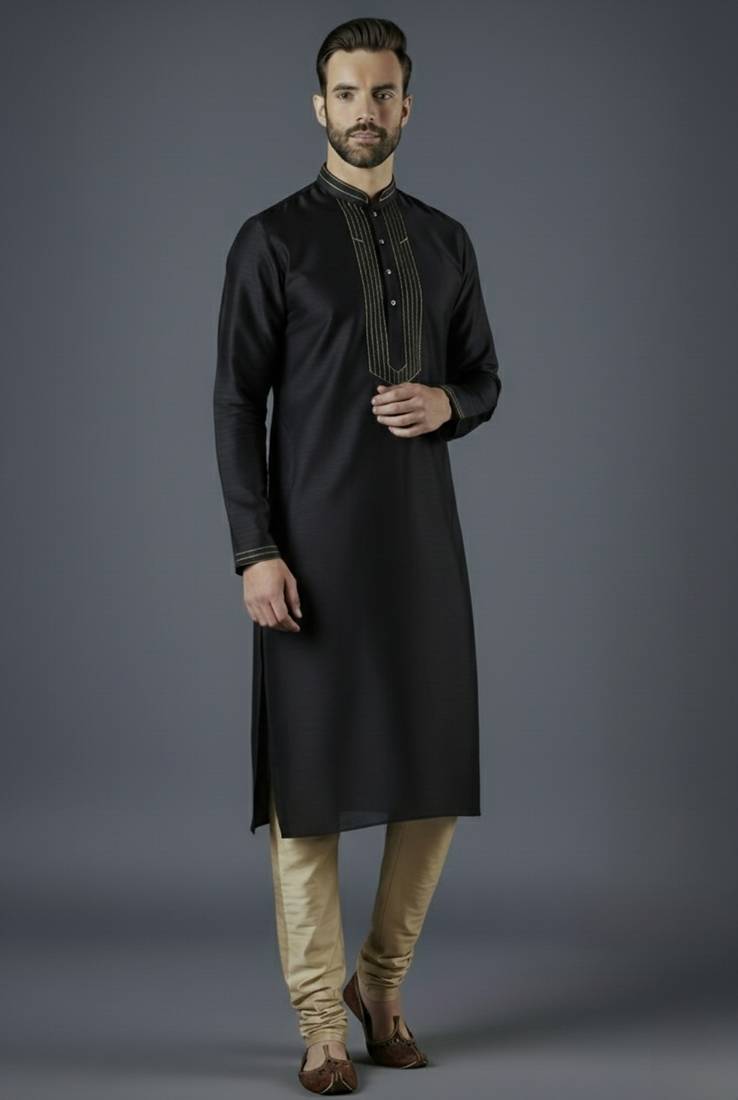 Black embroidery dupion silk kurta set