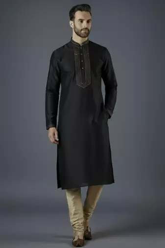 Black embroidery dupion silk kurta set