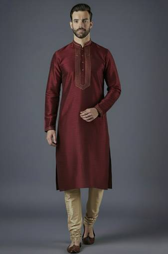 Maroon embroidery dupion silk kurta set