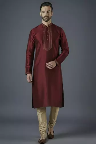 Maroon embroidery dupion silk kurta set