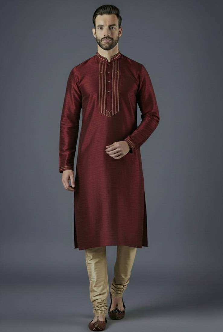 Maroon embroidery dupion silk kurta set