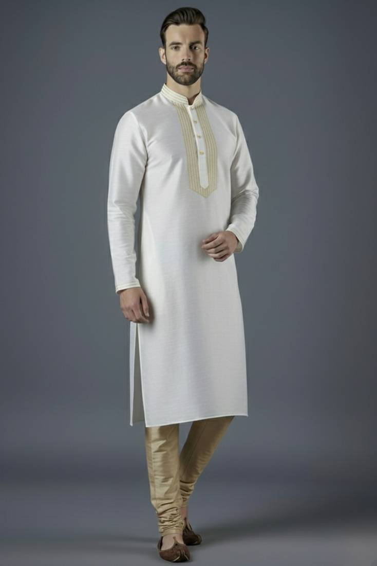 White embroidery dupion silk kurta set