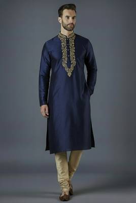 Navy embroidery dupion silk kurta set 1